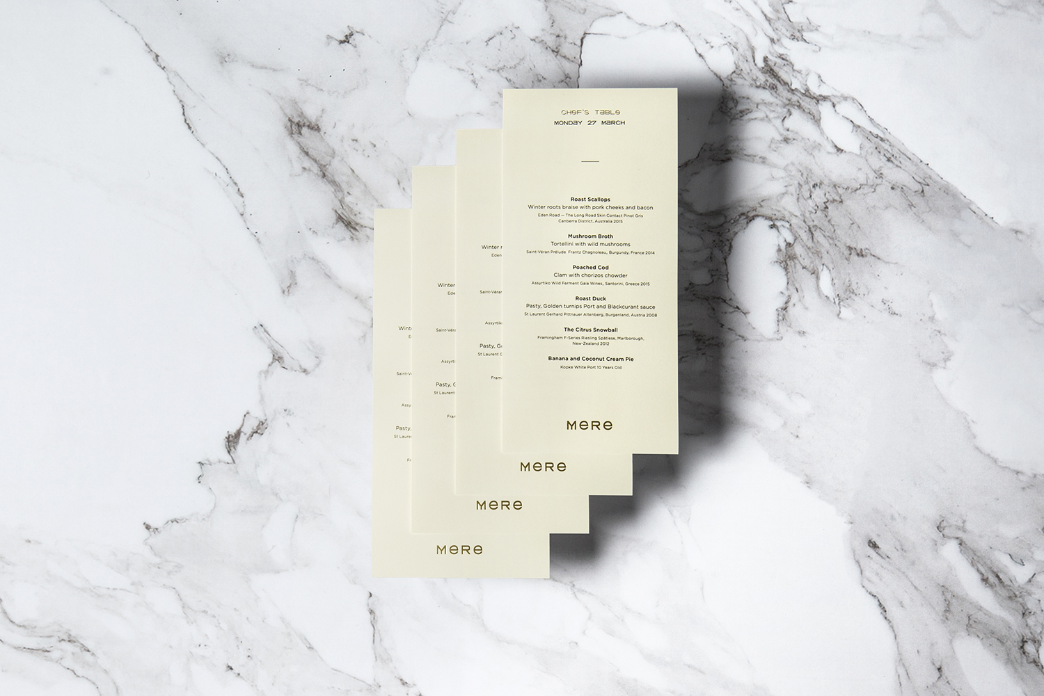 Single sheet menu designed by Bibliothèque for Monica Galetti's new London restaurant Mere