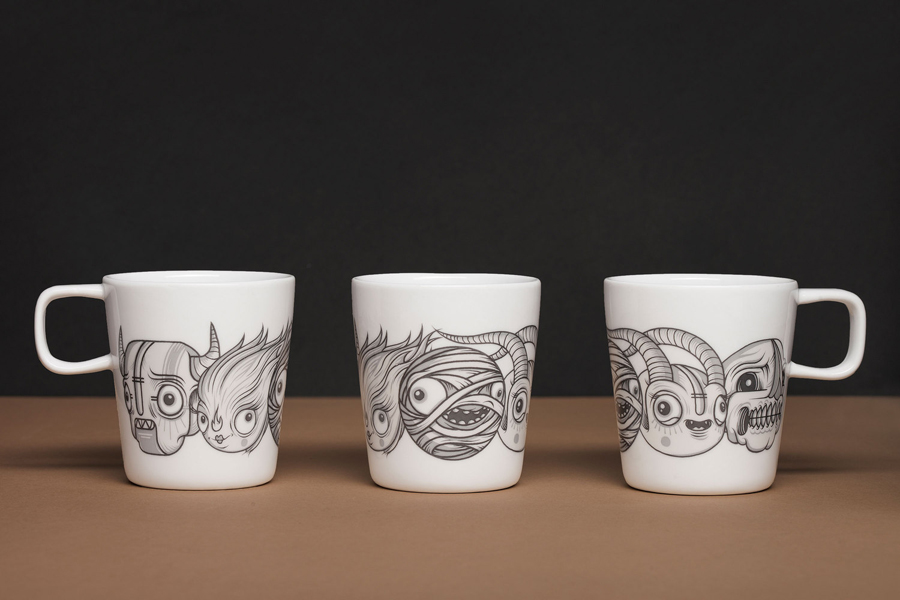 Mugs illustrated by Drew Millward designed by The Metric System for Norwegian production company Monster