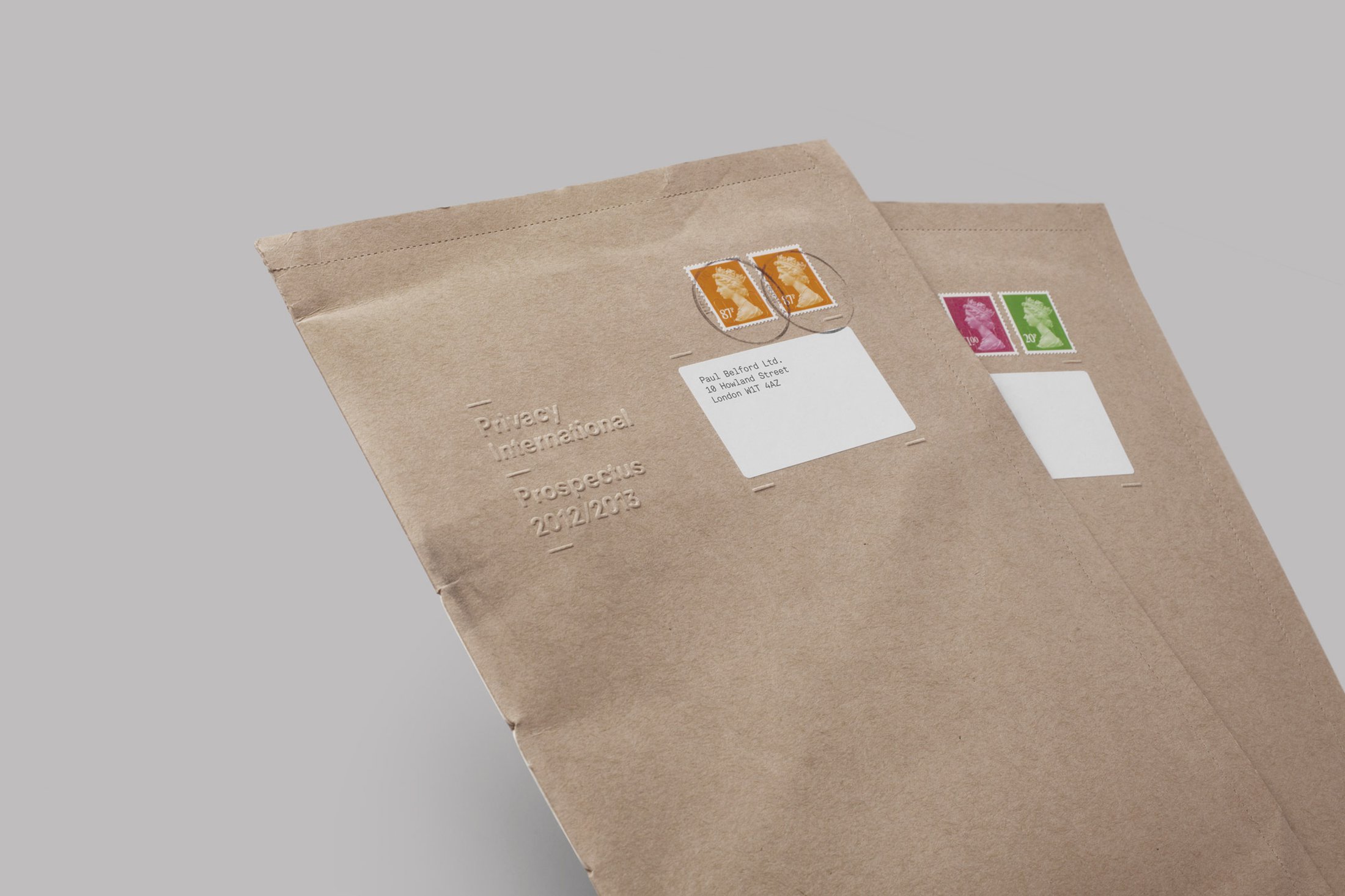 Envelope with blind emboss and perforated detail for Privacy International designed by This Is Real Art