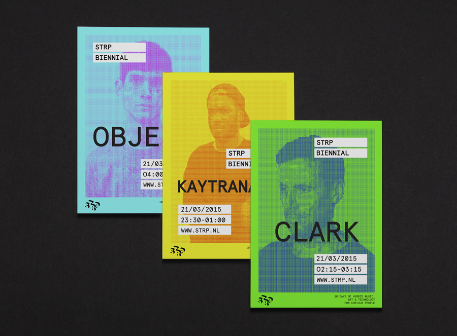 Flyers by Raw Color for Dutch art, technology and experimental pop culture festival STRP 2015.