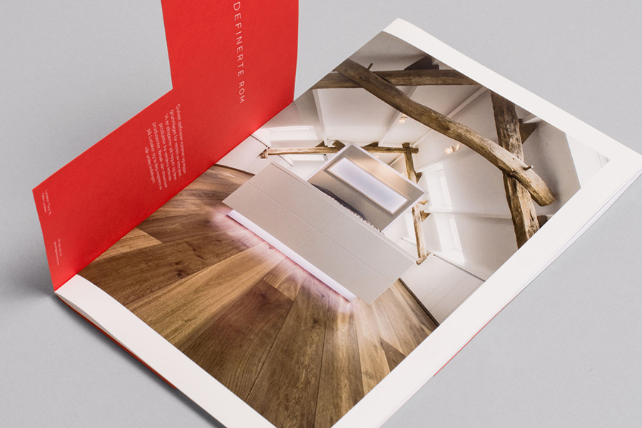 Catalogue design with die cut and coloured paper detail for flooring specialist Skovin by Heydays