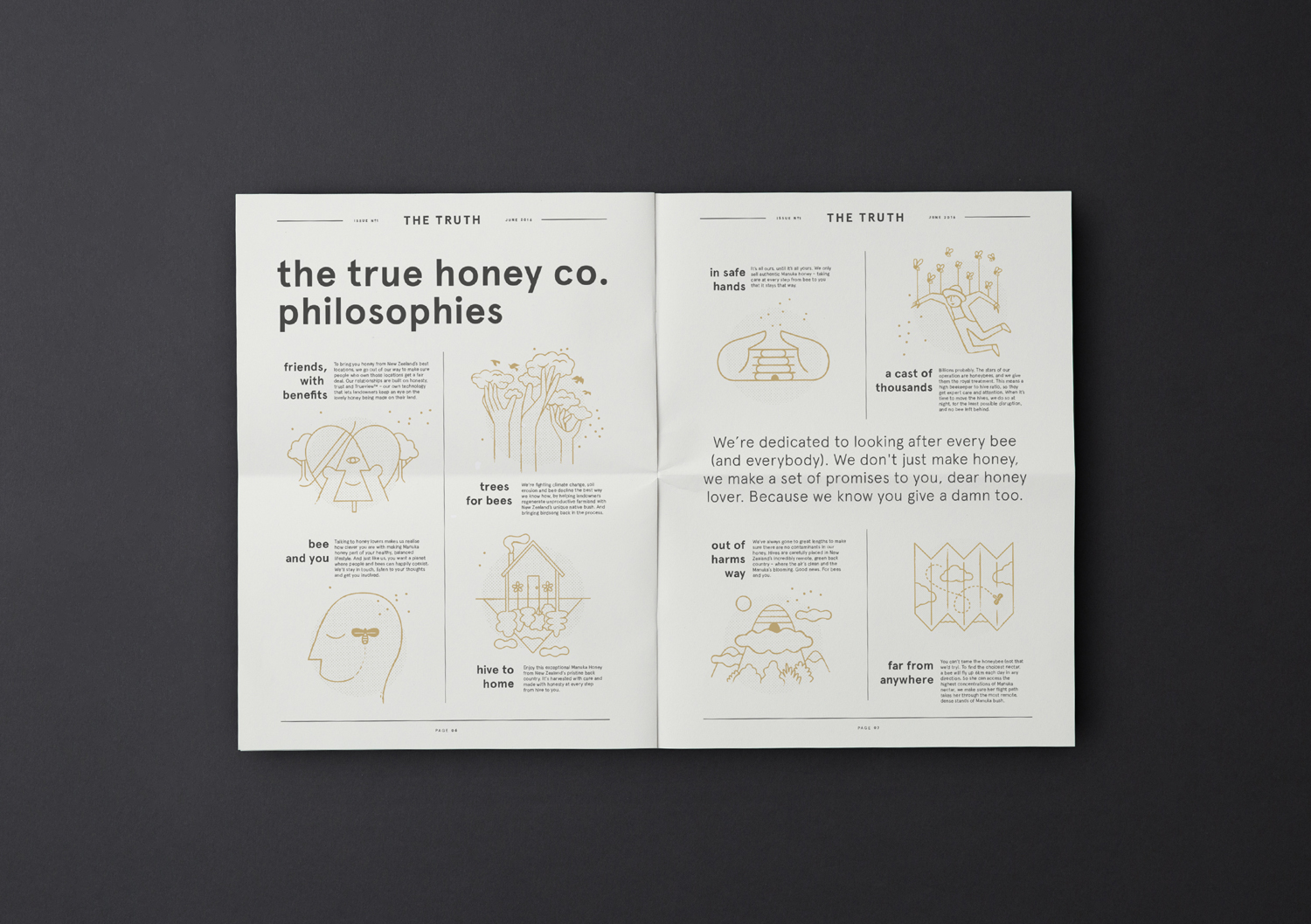 Brand identity and newsprint by Marx Design for The True Honey Company, a New Zealand-based business specialising in mānuka honey