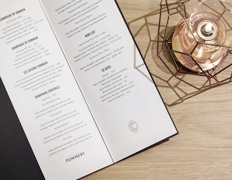 Menu designed by Freytag Anderson for champagne and cocktail bar at Hilton Park Lane, London