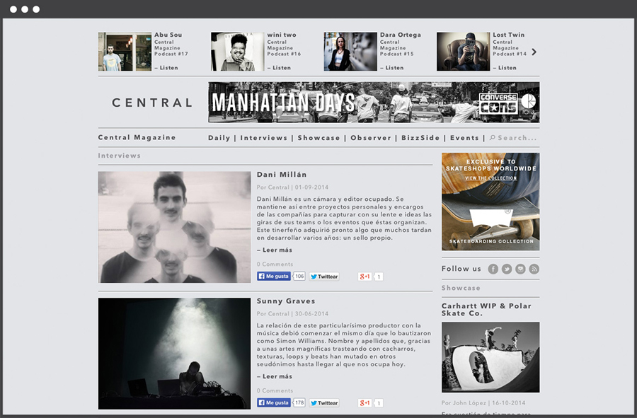 Website for Spanish art, design, fashion and pop culture magazine Central designed by Leon Jorge