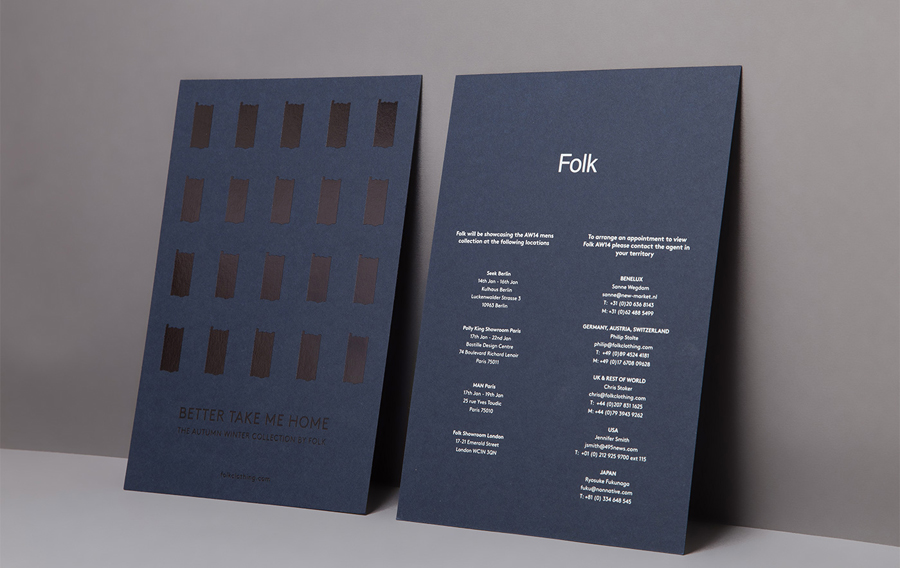 Block foil and coloured board collection launch invitation designed by IYA Studio for casual menswear, womenswear and footwear brand Folk
