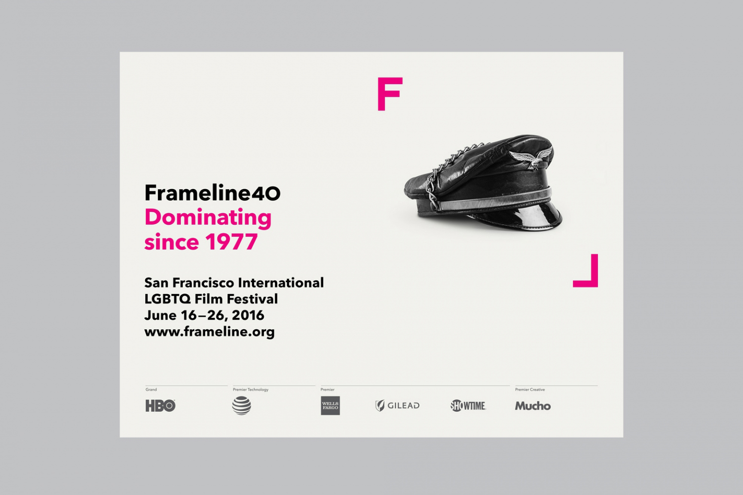 Logo, stationery and poster design by Mucho for LGBT film festival and nonprofit arts organisation Frameline.