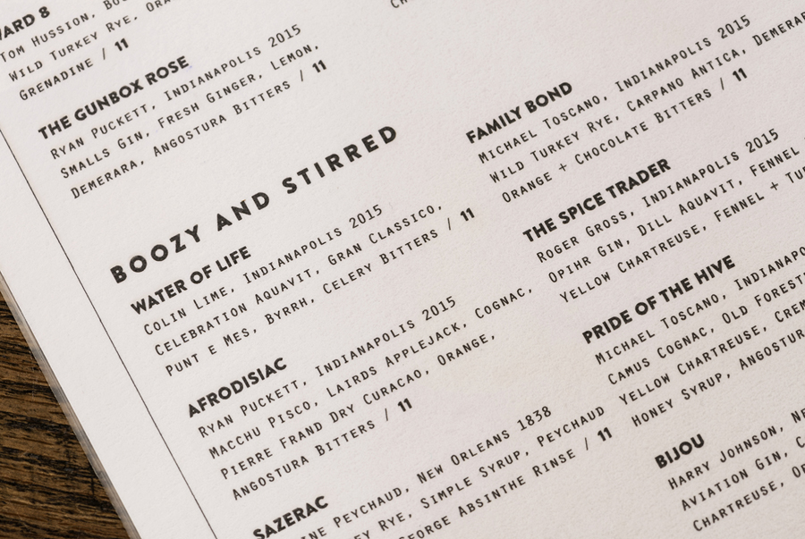 Visual identity and menu designed by CODO for Indianapolis liquor bar Libertine