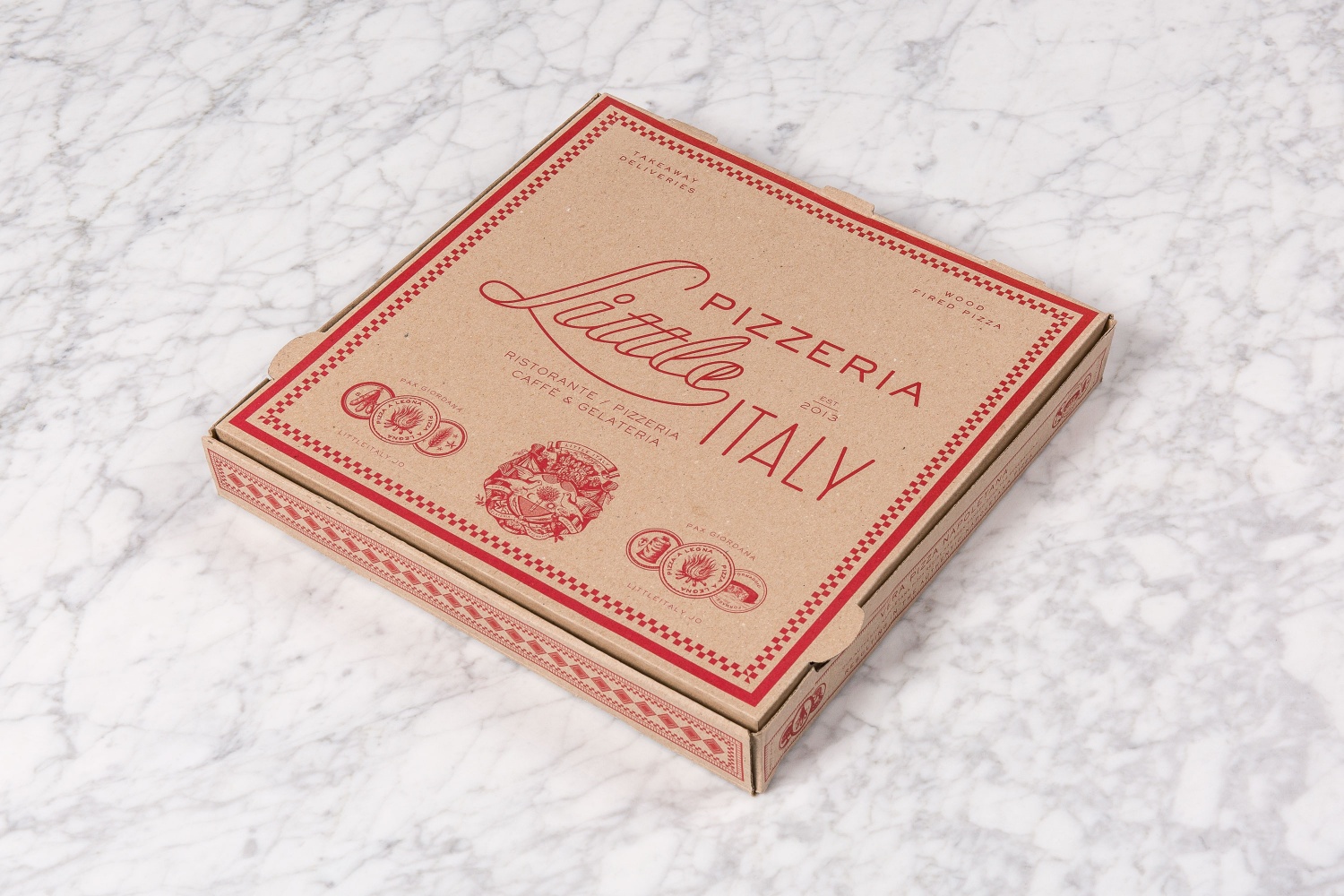 Branding and pizza box by British studio Here Design for Amman-based restaurant Little Italy