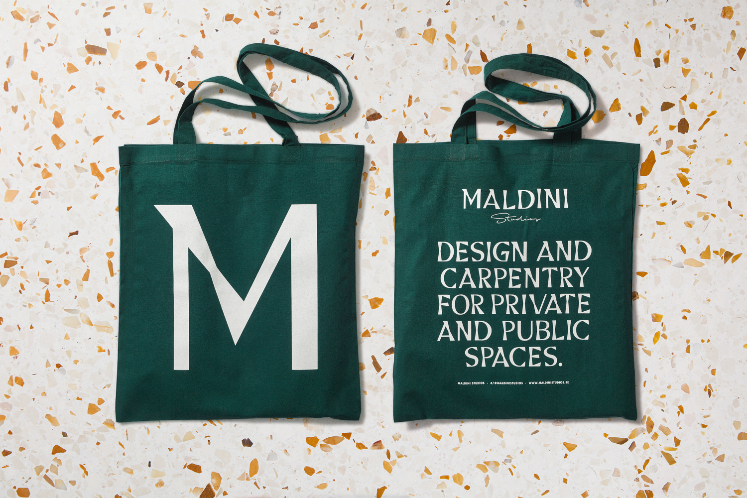 Graphic identity, custom typeface and branded tote bag by Jens Nilsson for interior design and carpentry business Maldini Studios