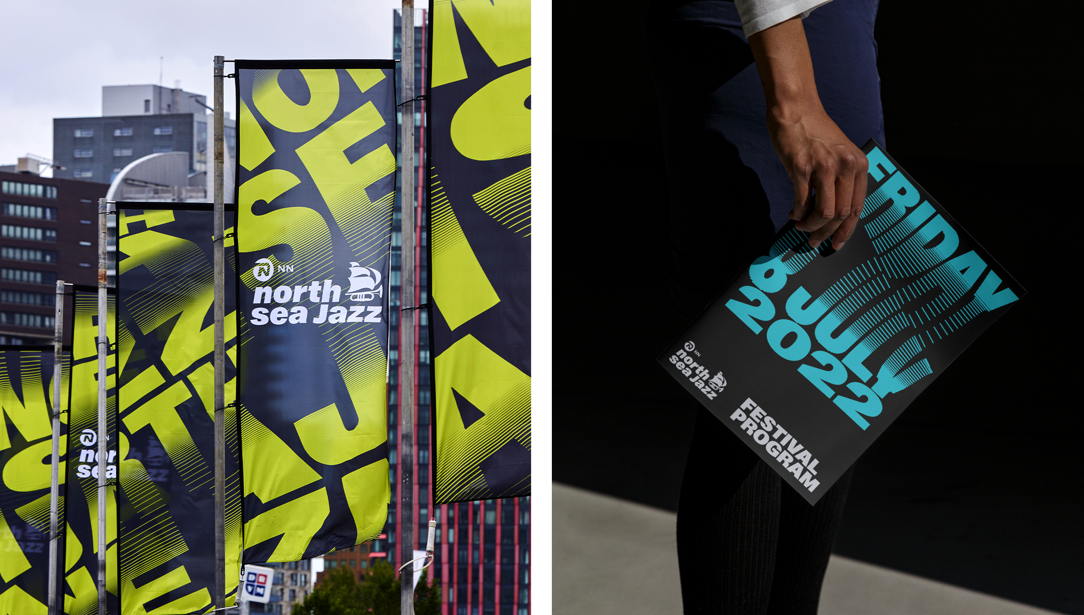 Motion identity, dynamic posters and print banners by Studio Dumbar for North Sea Jazz Festival in Rotterdam