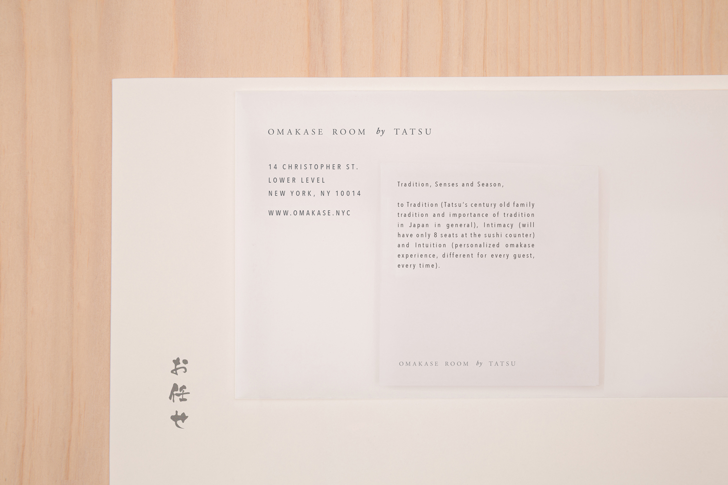 Visual identity and stationery designed by Savvy for New York restaurant Omakase Room by Tatsu