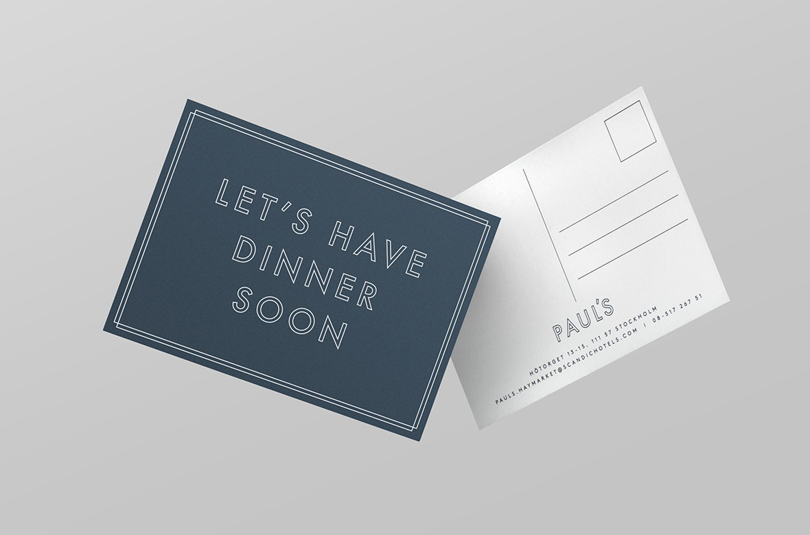 Brand identity and postcards for Stockholm-based restaurant Paul's at Haymarket by 25AH, Sweden