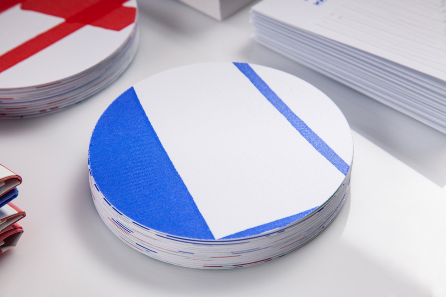Visual identity and coasters designed by Marks for material and print finish exhibition Rendez-vous des créateurs 2014