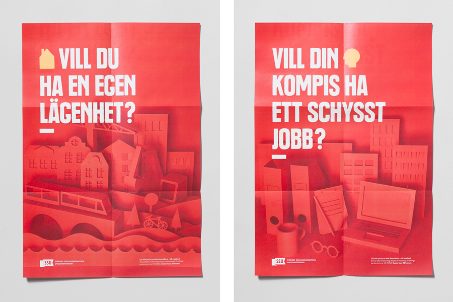 Paper sculpture and print designed by Snask for the Swedish Social Democratic Youth League.