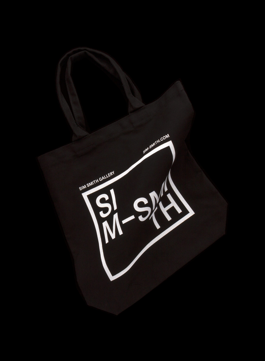 Screen printed black tote bag designed by Spin for British contemporary art gallery Sim Smith