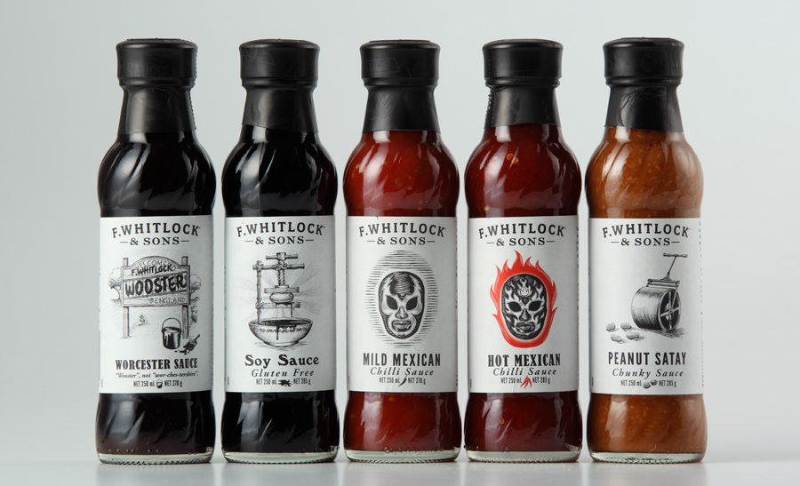 Packaging for sauce and pickle brand F. Whitlock & Sons designed by Marx. Featured on bpando.org