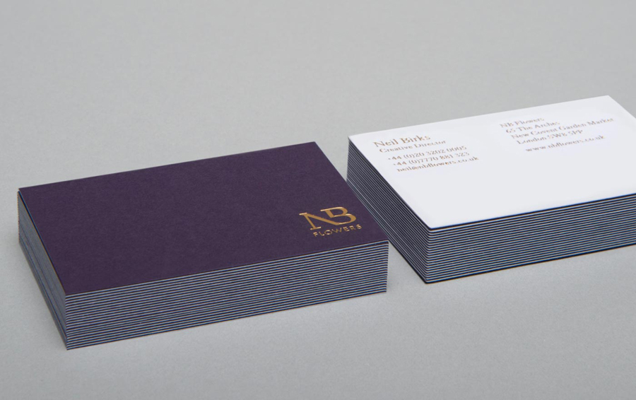 Duplex business card design with gold foil detail for florist NB Flowers by Karoshi