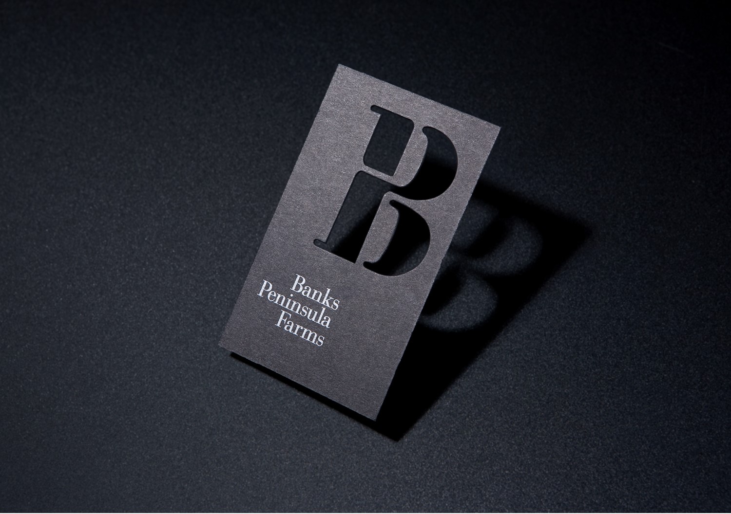 Logo and black die cut business card with white foil designed by Strategy for Banks Peninsula Farms