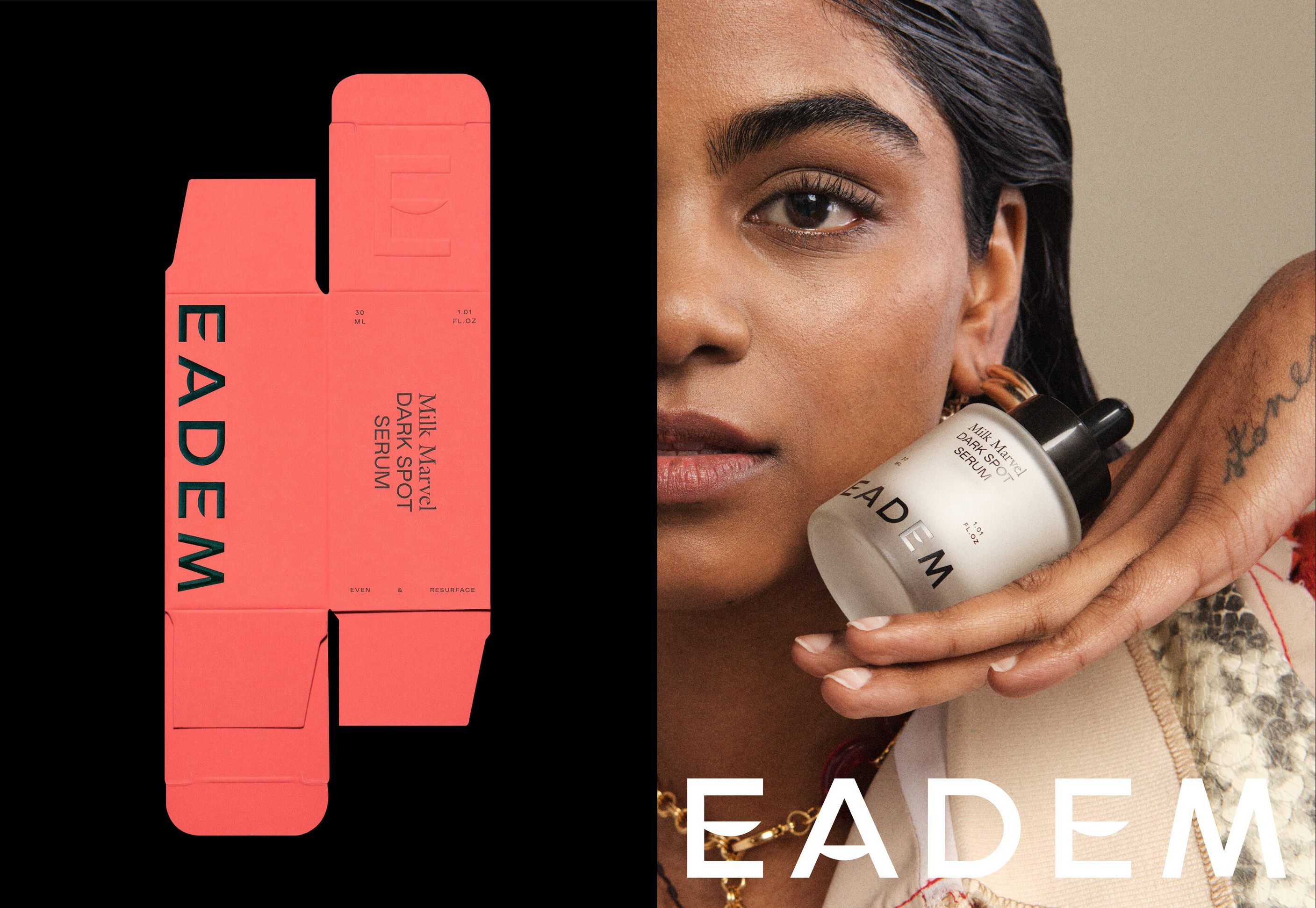 Eadem – Beauty brand for people of colour. Pink, black foil and blind embossed packaging design by New York and Parisian based Lotta Nieminen. Reviewed by Kinda Sararino for BP&O