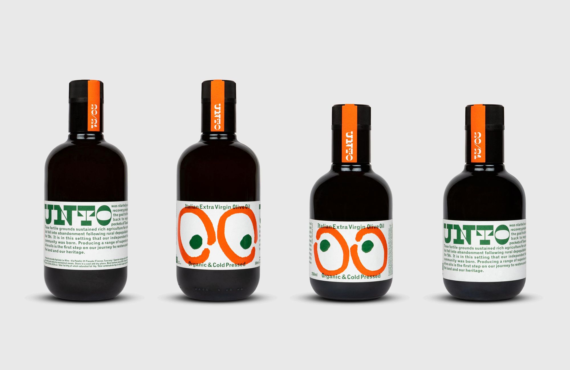 Branding and packaging design for Italian Extra Virgin Olive Oil brand Unto designed by Studio Bergini.