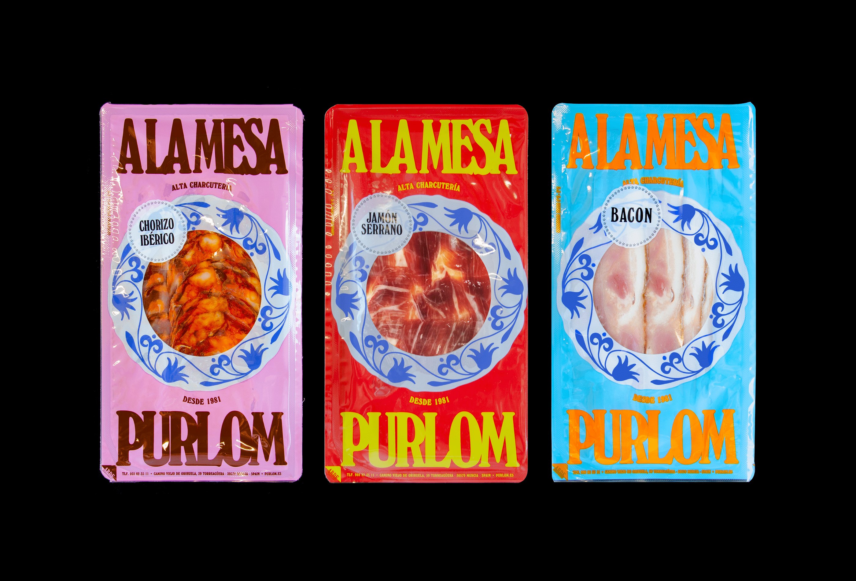 ew brand identity design, art direction, packaging and website for PURLOM’s ’A La Mesa’ cured meat brand created by Spain's Onmi Design