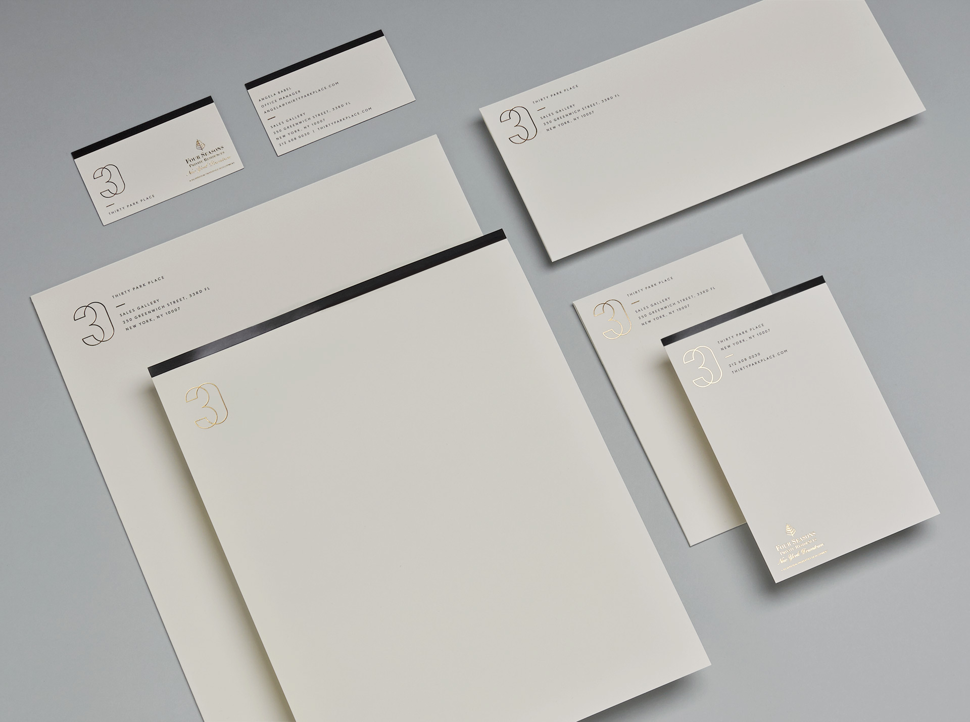 Gold foiled stationery for Four Seasons private residence 30 Park Place by Mother