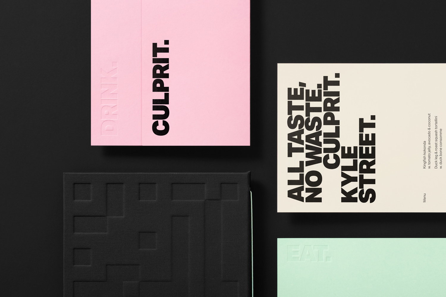 Brand identity, drink and food menus by Studio South for Auckland bar and restaurant Culprit
