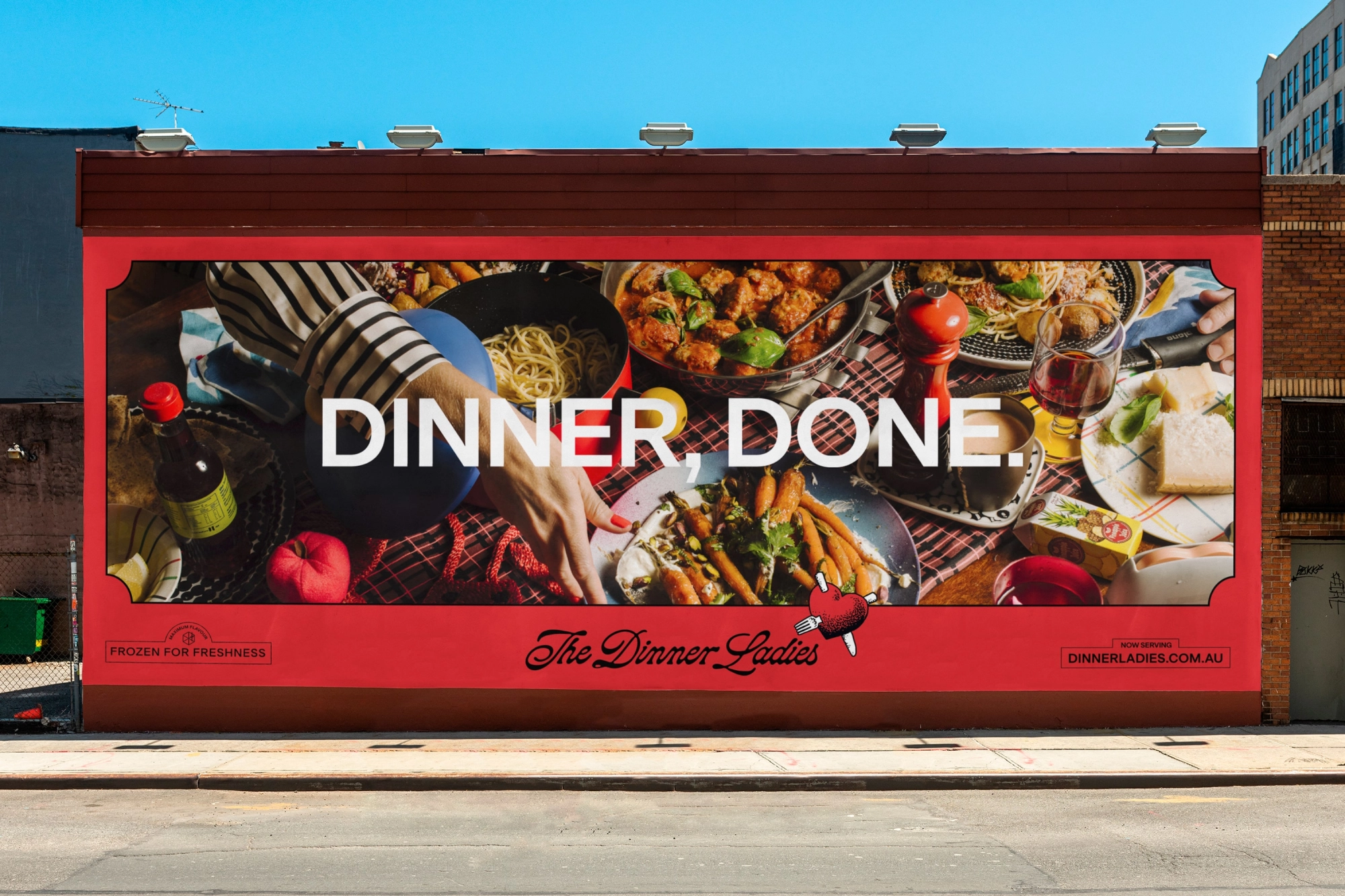 Logotype, illustration, OOH and social media assets by Universal Favourite for Australian frozen convenience food delivery service The Dinner Ladies