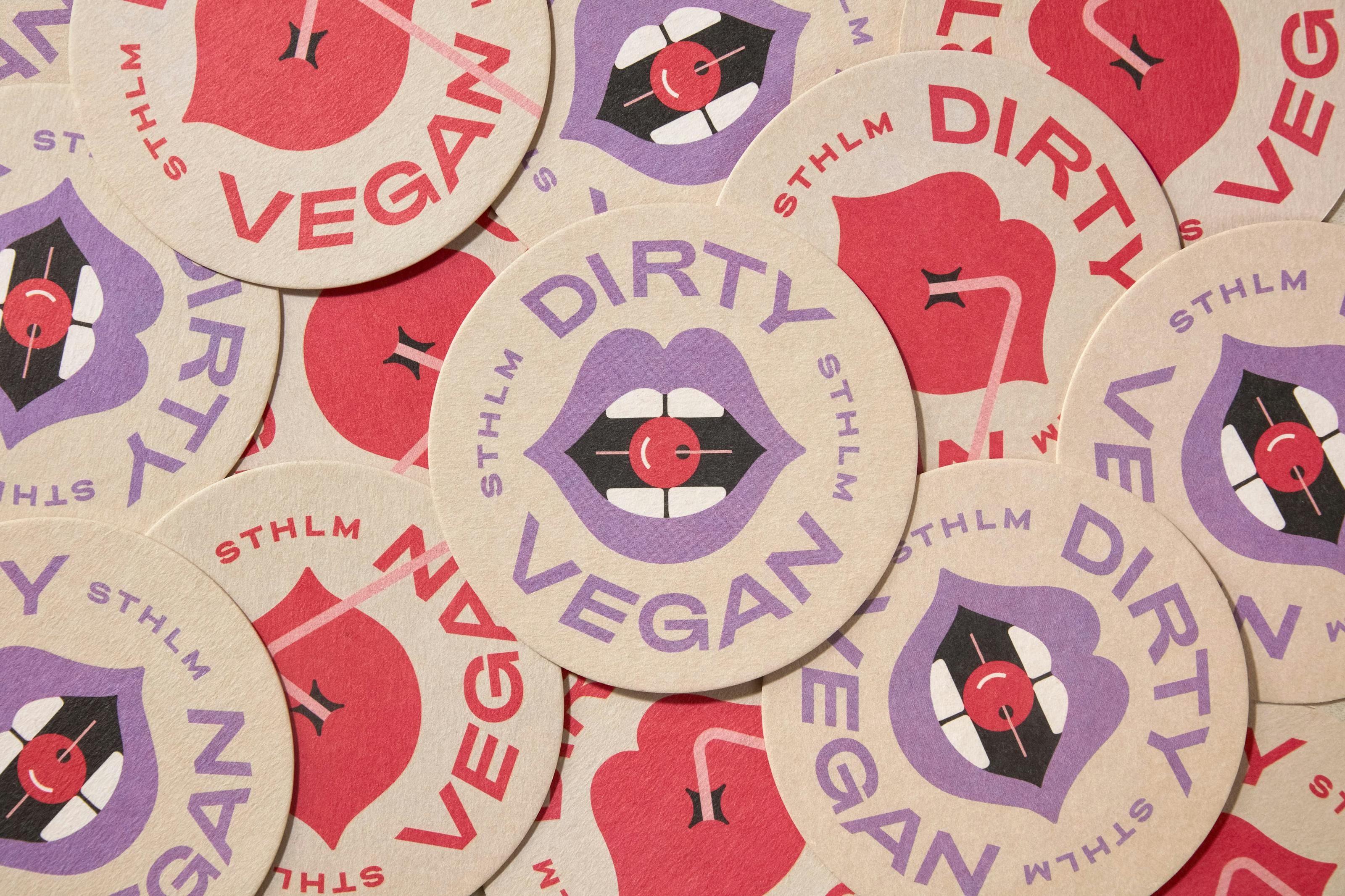 Logo, animation, menus, coasters, branded merchandise and signage by Jens Nilsson for Swedish vegan fast food restaurant and bar Dirty Vegan.