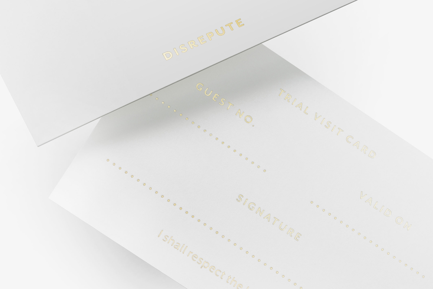 Brand identity and visitor's card with gold foil detail designed by London-based studio Two Times Elliott for Soho members bar Disrepute