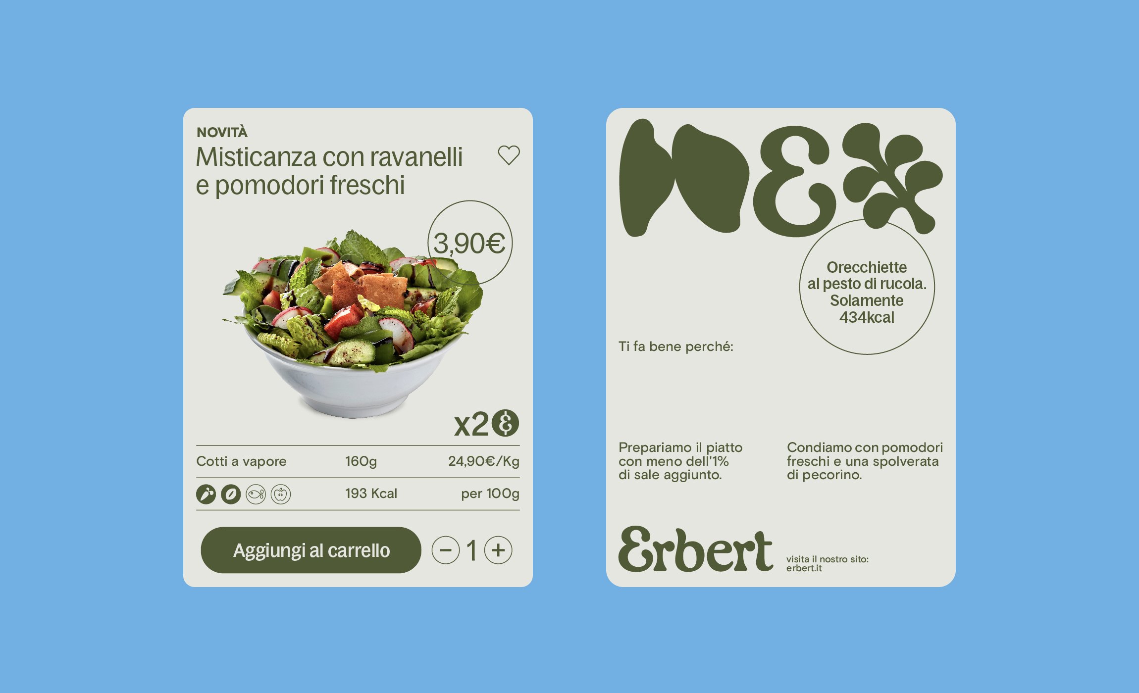 Logo and brand identity for Italian healthy fast-food chain Erbert designed by Florence-based design studio AUGE.