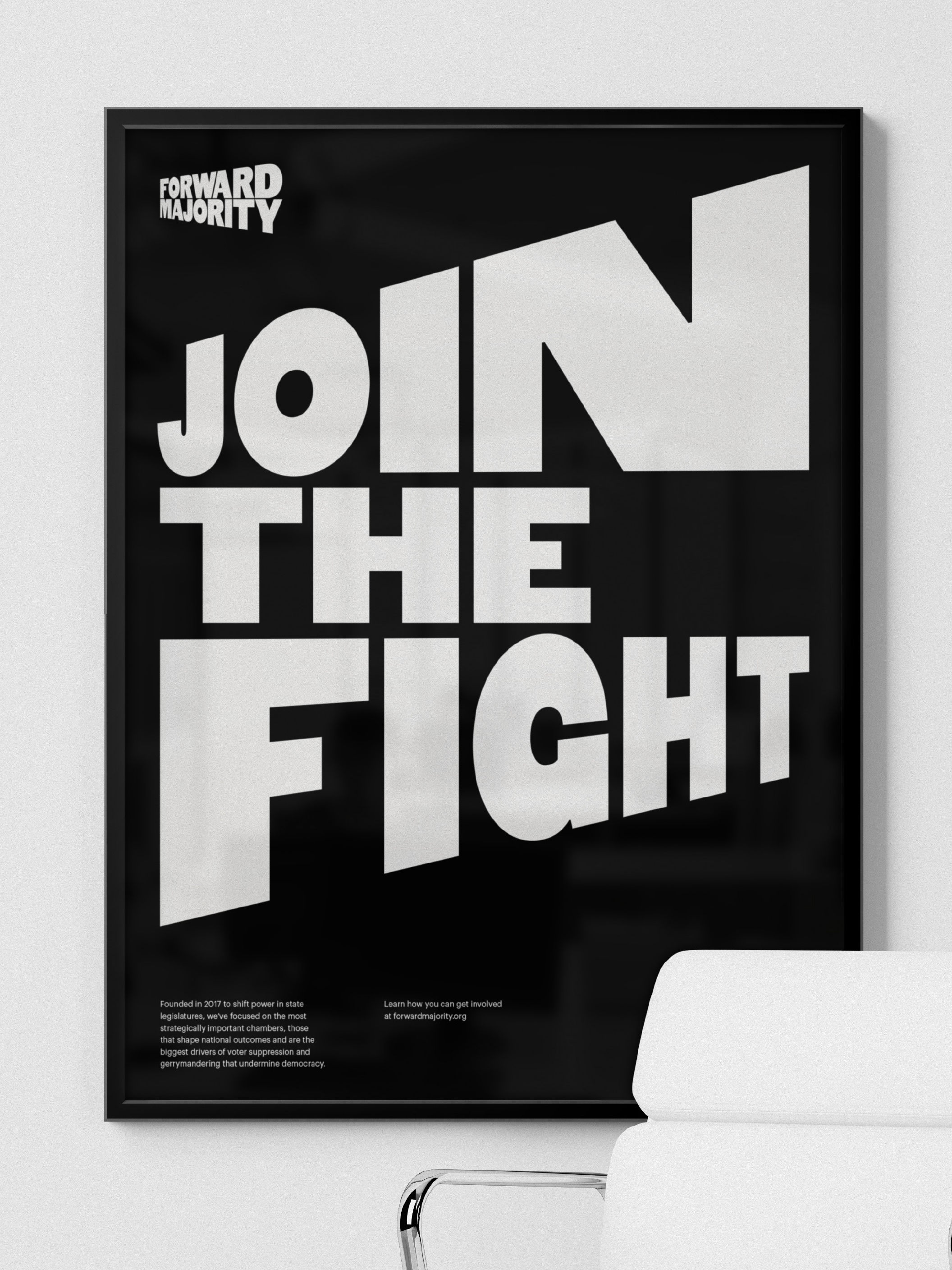 Identitas visual dan poster untuk komite aksi politik Forward Majority dirancang oleh studio Order yang berbasis di New York