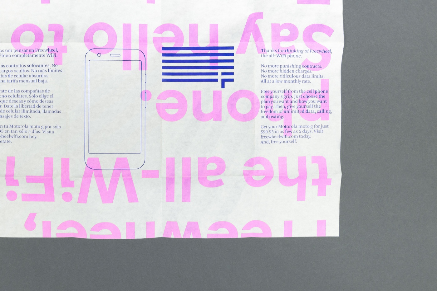 Brand identity and print by New York based graphic design studio Collins for Freewheel, a dedicated wi-fi mobile phone