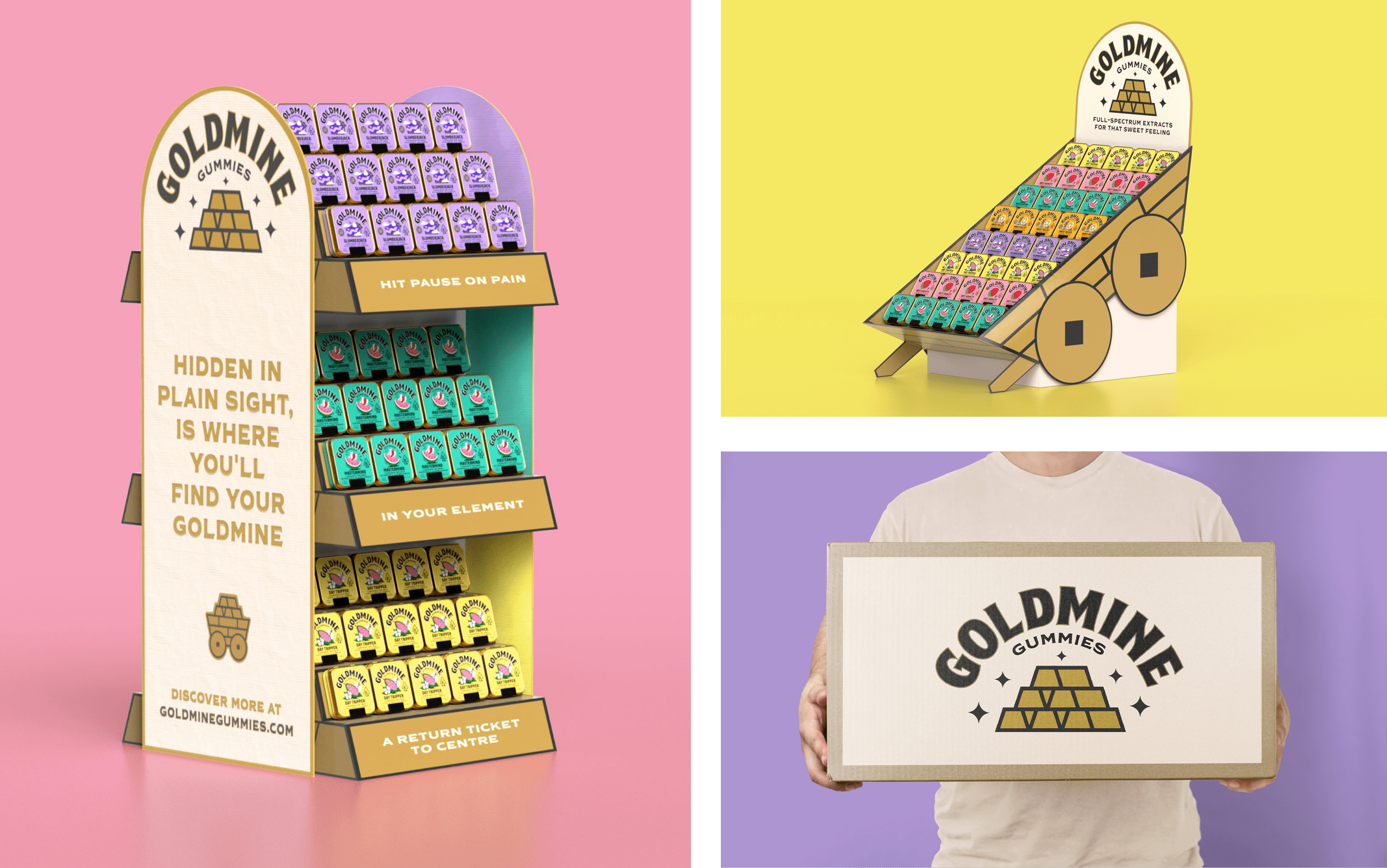 Packaging, POS design and illustration by Leeds-based Robot Food for cannabis-infused sweets Goldmine Gummies