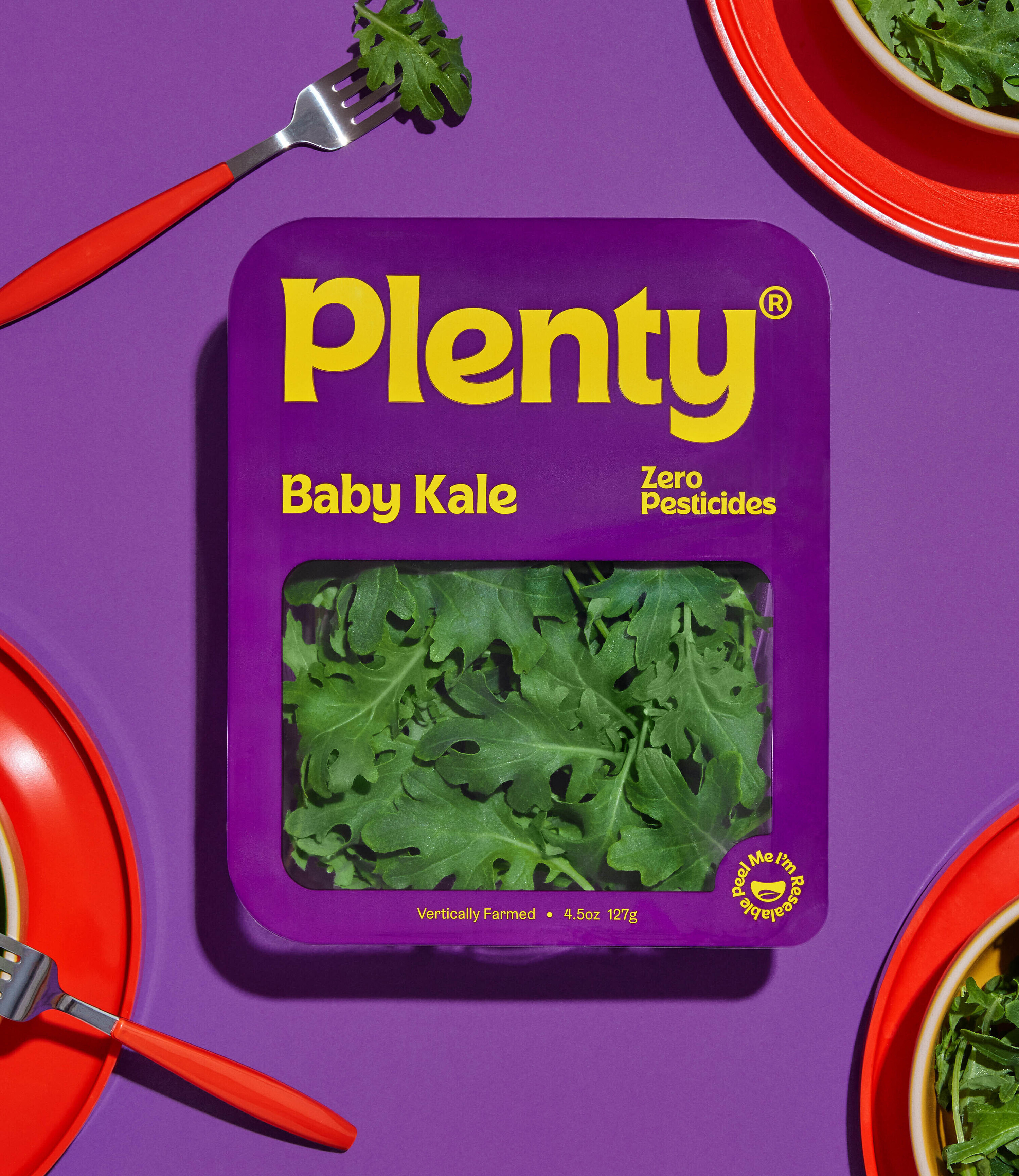 Logotype, custom typeface and packaging design for American salad brand Plenty designed by &Walsh