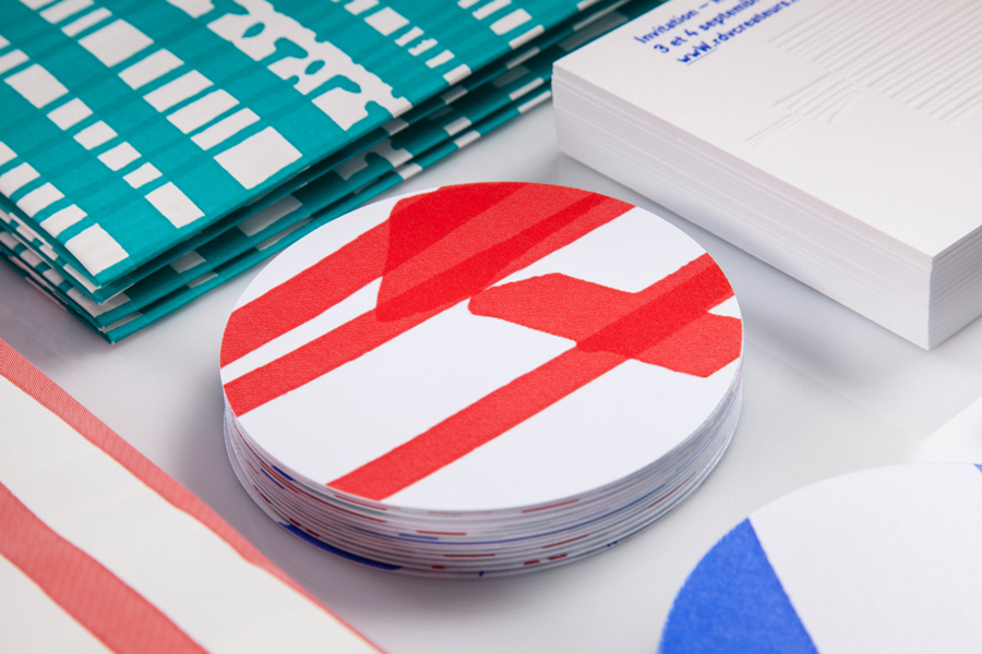 Visual identity and coasters designed by Marks for material and print finish exhibition Rendez-vous des créateurs 2014