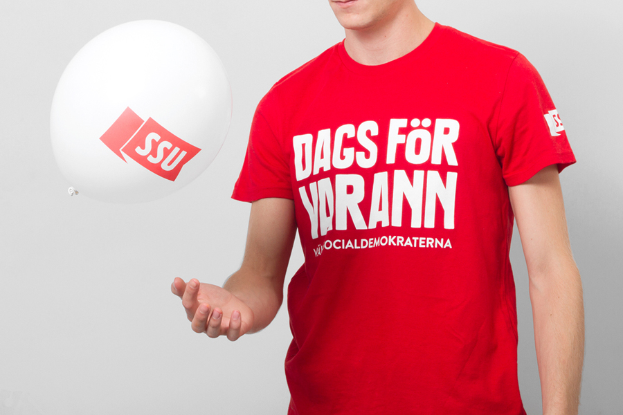Logotype, balloons and T-shirt designed by Snask for the Swedish Social Democratic Youth League