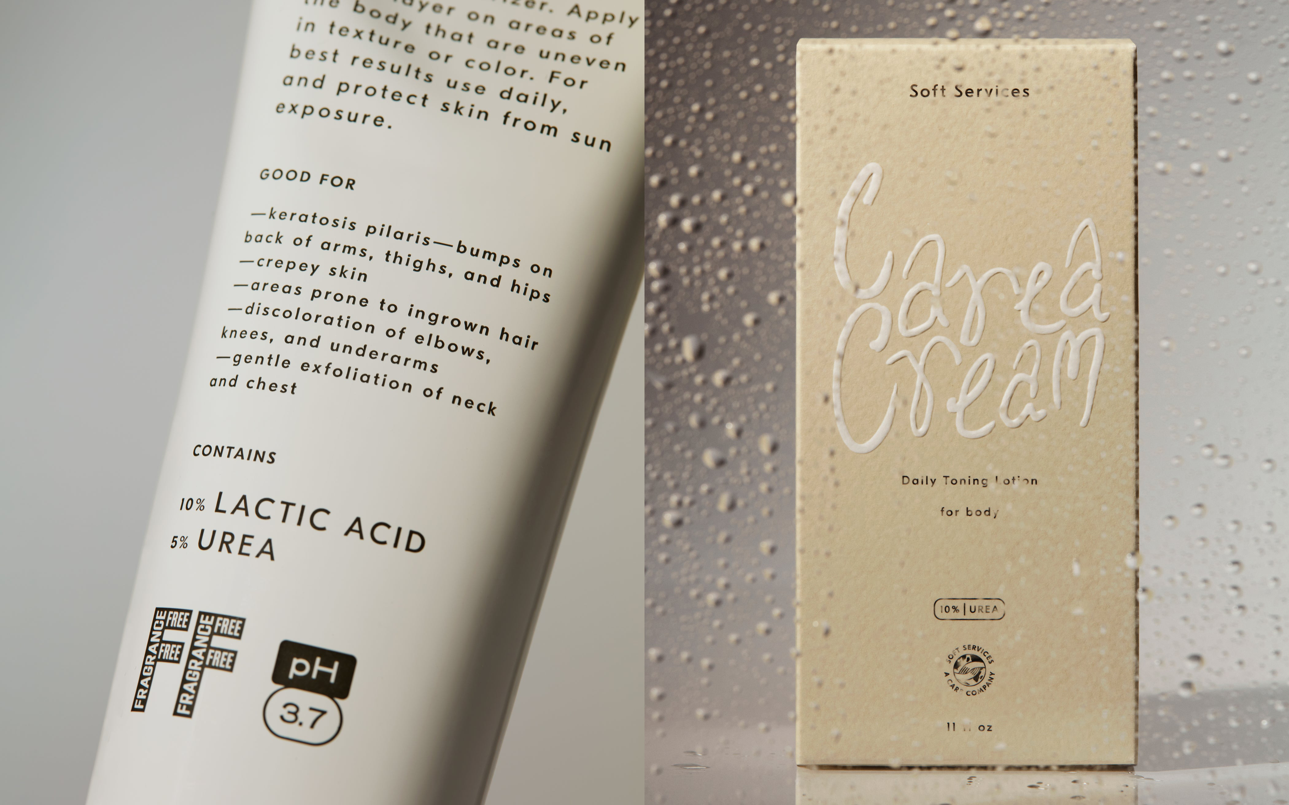 Screen printed tube and embossed packaging design by Decade for New York skincare brand Soft Services
