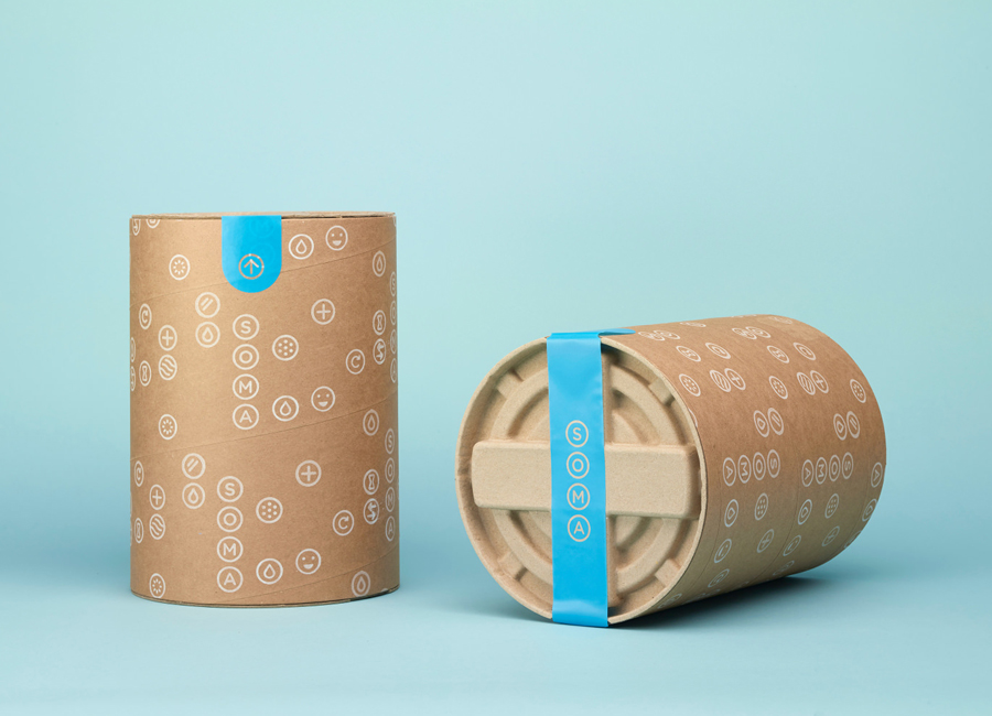 Logo and uncoated, unbleached and recycled packaging by Manual for water filtration brand Soma