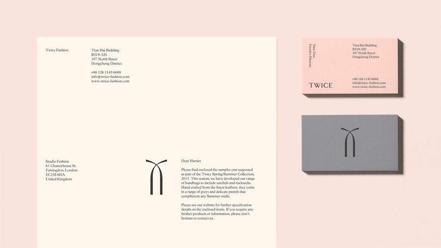 Brand identity and stationery for Chinese luxury accessory brand Twice by London based graphic design studio Socio Design