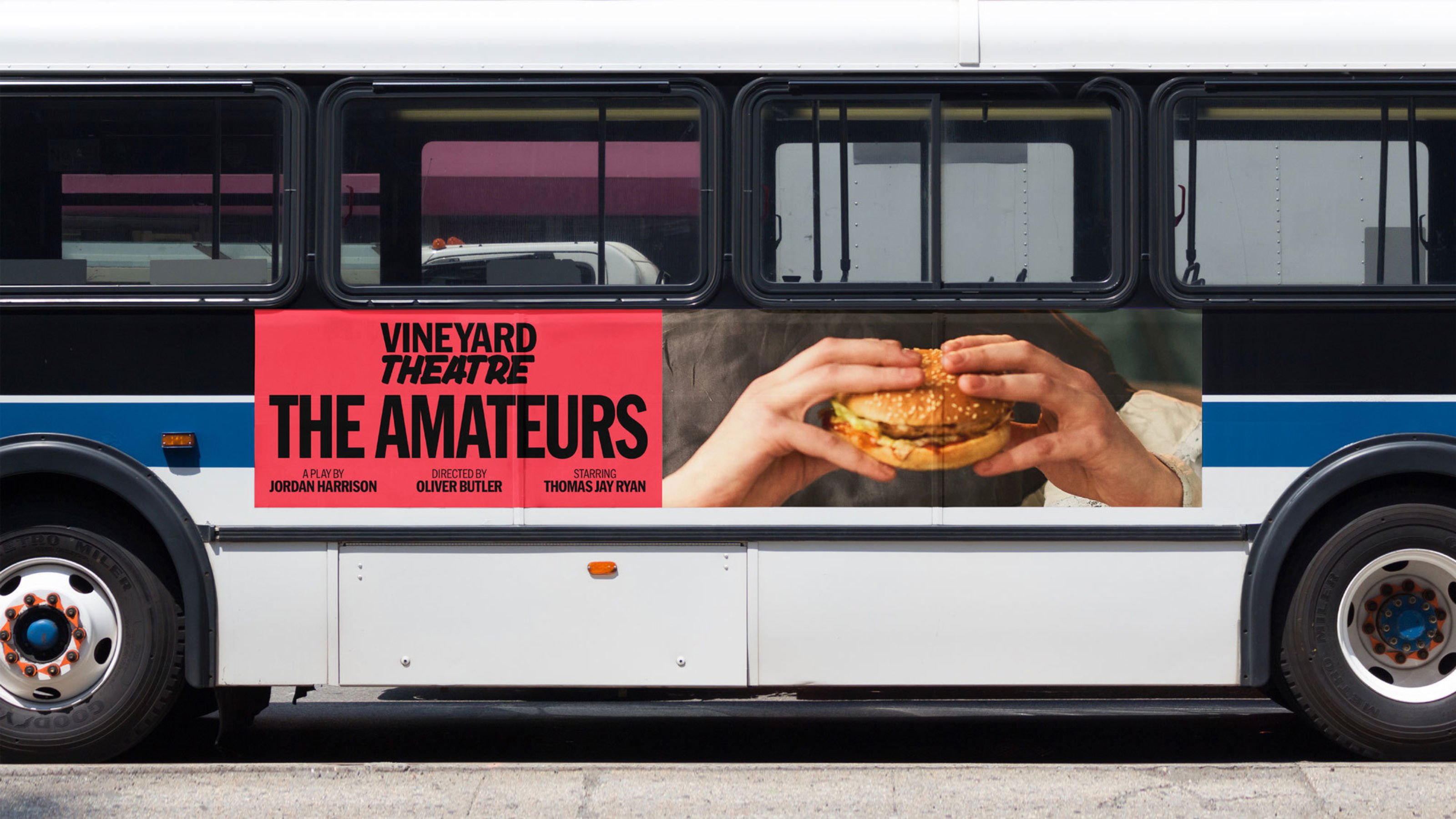 Brand identity and bus advert by London-based NB Studio for New York City's Vineyard Theatre