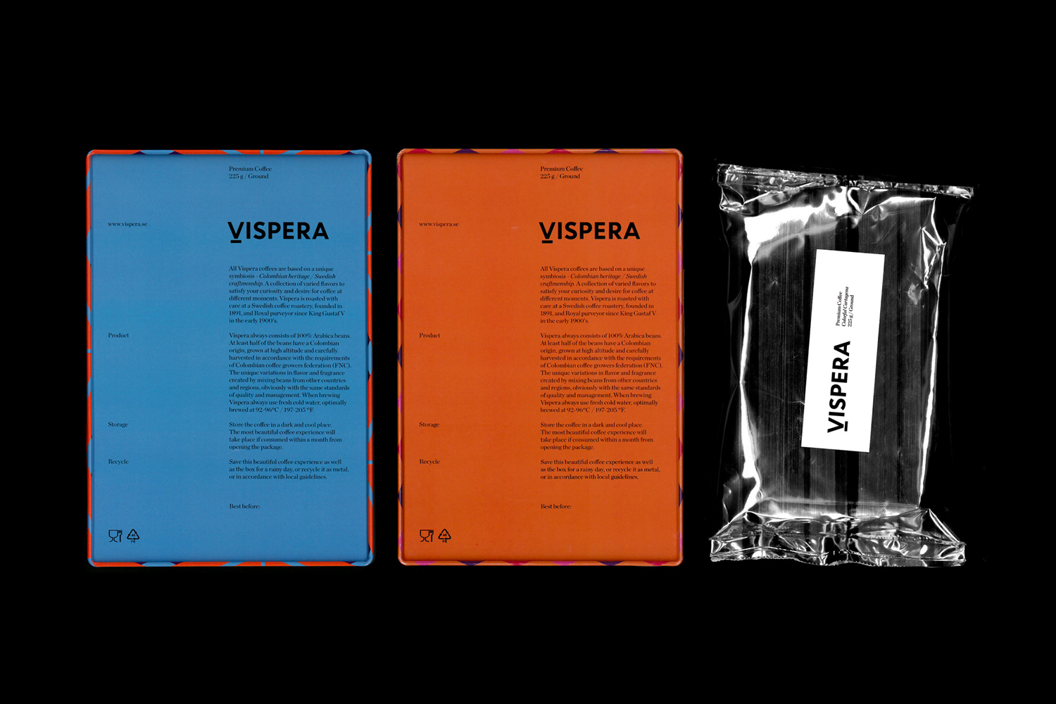 Packaging created by Stockholm Design Lab for Víspera Coffee, a range of 100% Arabica beans sourced from the high altitude plantations of Columbia.