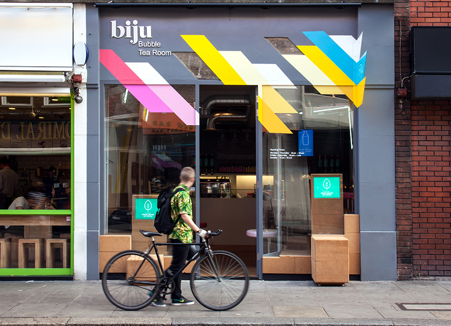 Visual identity and exterior signage by ico for British bubble tea brand Biju