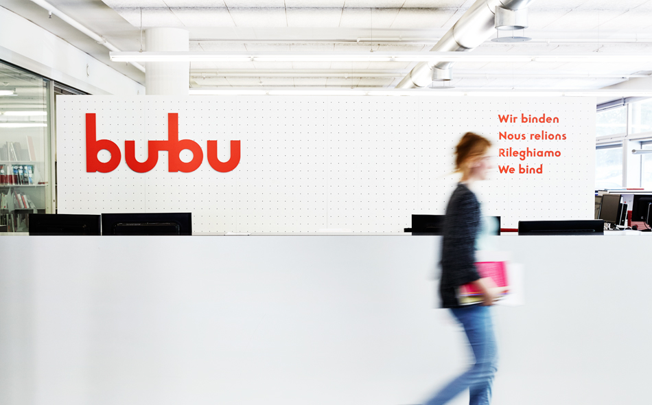 Logo and signage for Swiss binding specialists Bubu by graphic design studio Bob Design