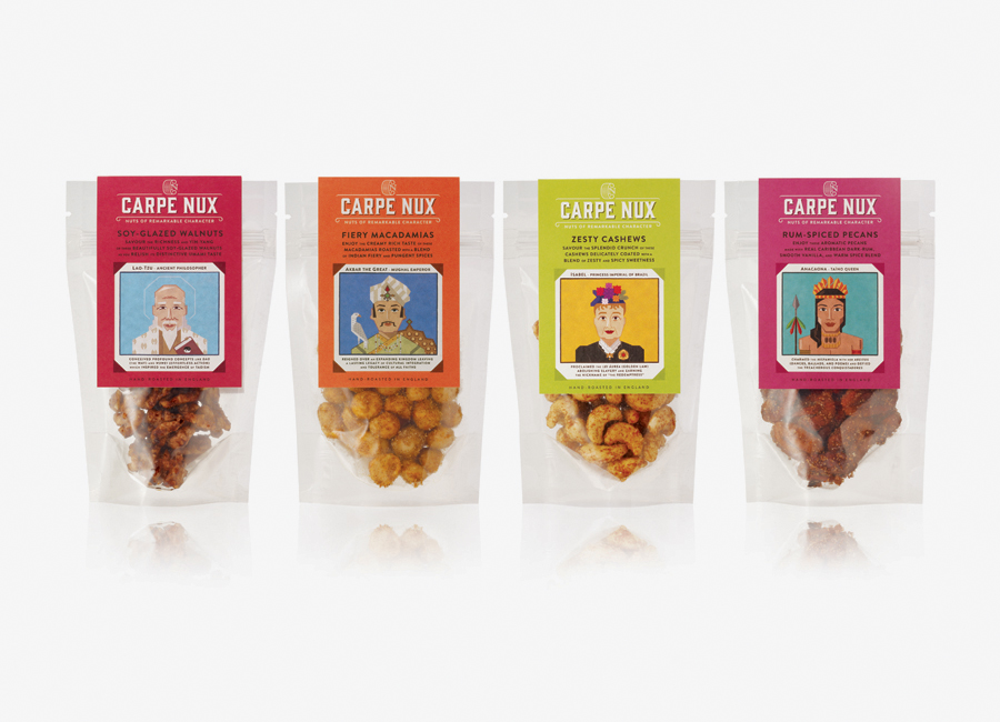 Packaging with original character illustration created by Designers Anonymous for premium flavoured nut range Carpe Nux