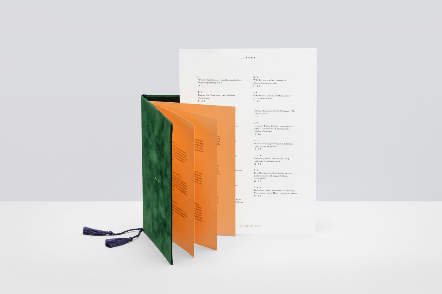 Brand identity and menu featuring Arjowiggins Pop’set Apricot designed by London-based studio Two Times Elliott for Soho members bar Disrepute