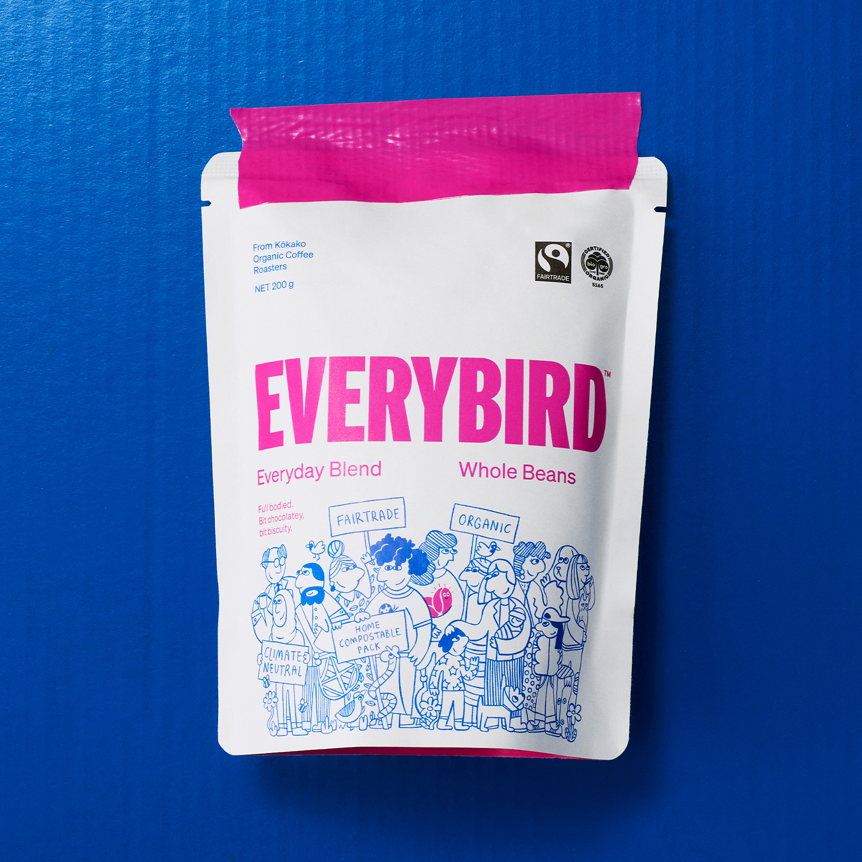 Logo, illustration and packaging by Marx Design for ethical New Zealand coffee brand Everybird