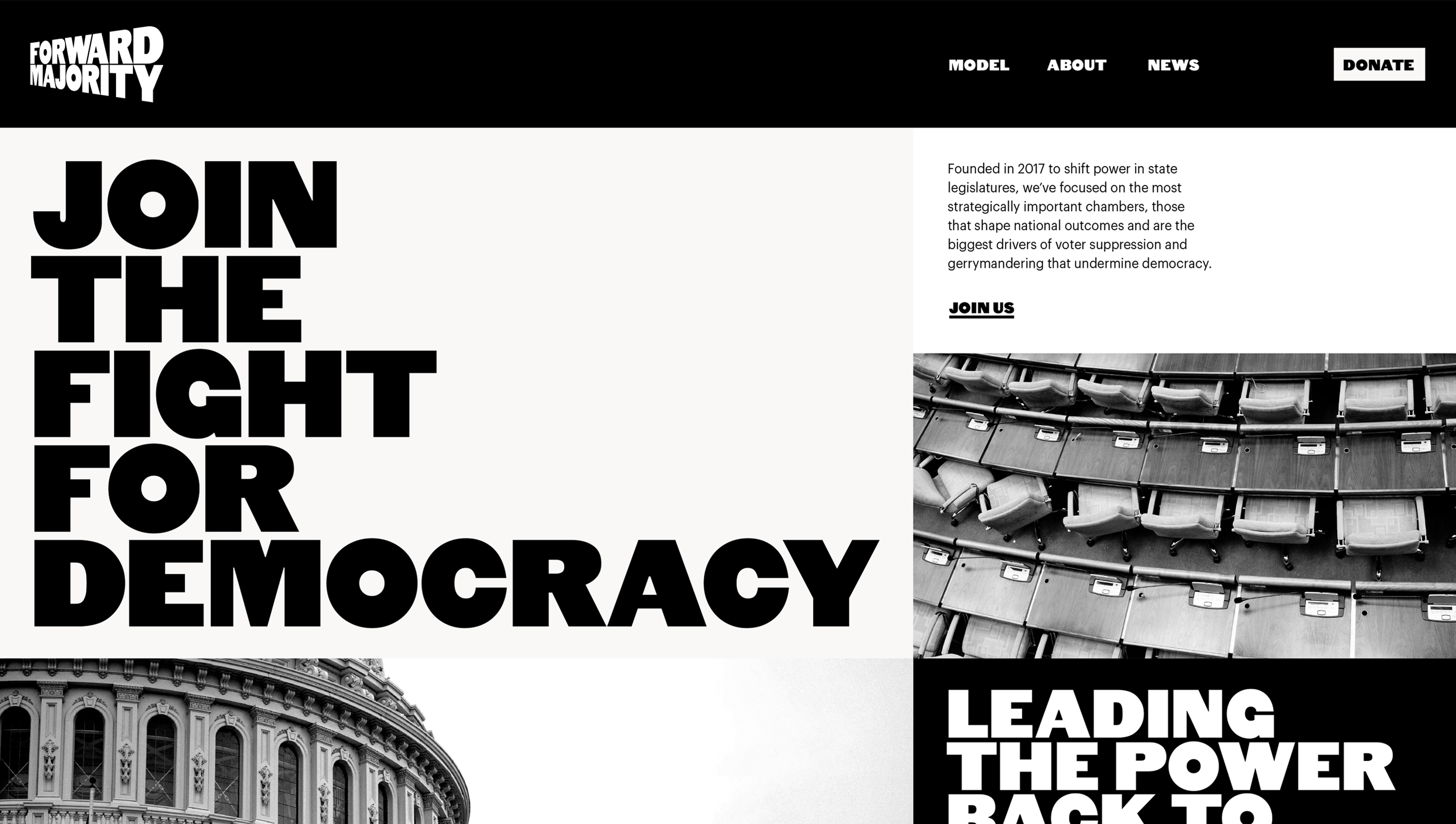 Visual identity and digital design for political action committee Forward Majority designed by Order