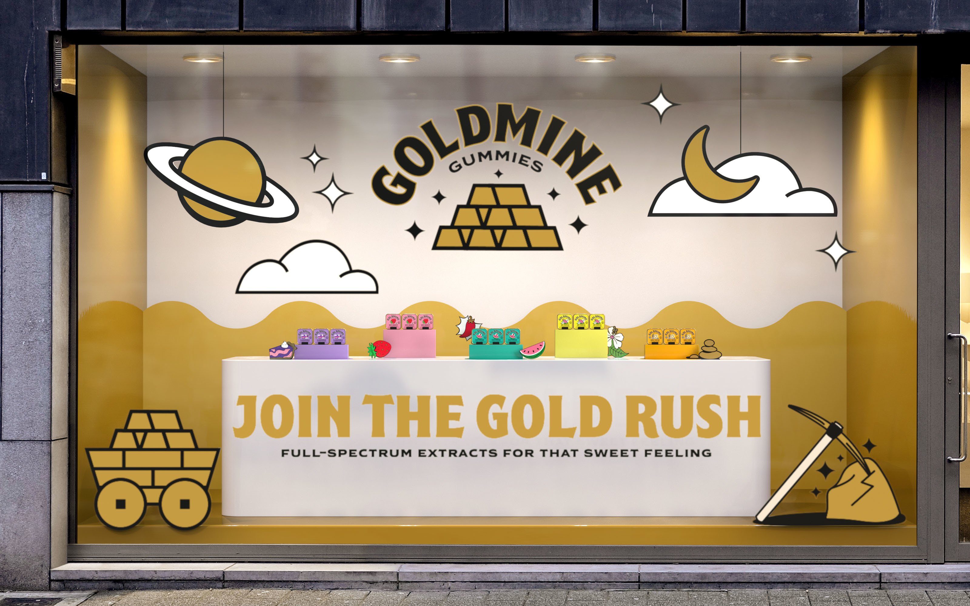 Brand identity and window display by Leeds-based Robot Food for California cannabis-infused sweets brand Goldmine Gummies