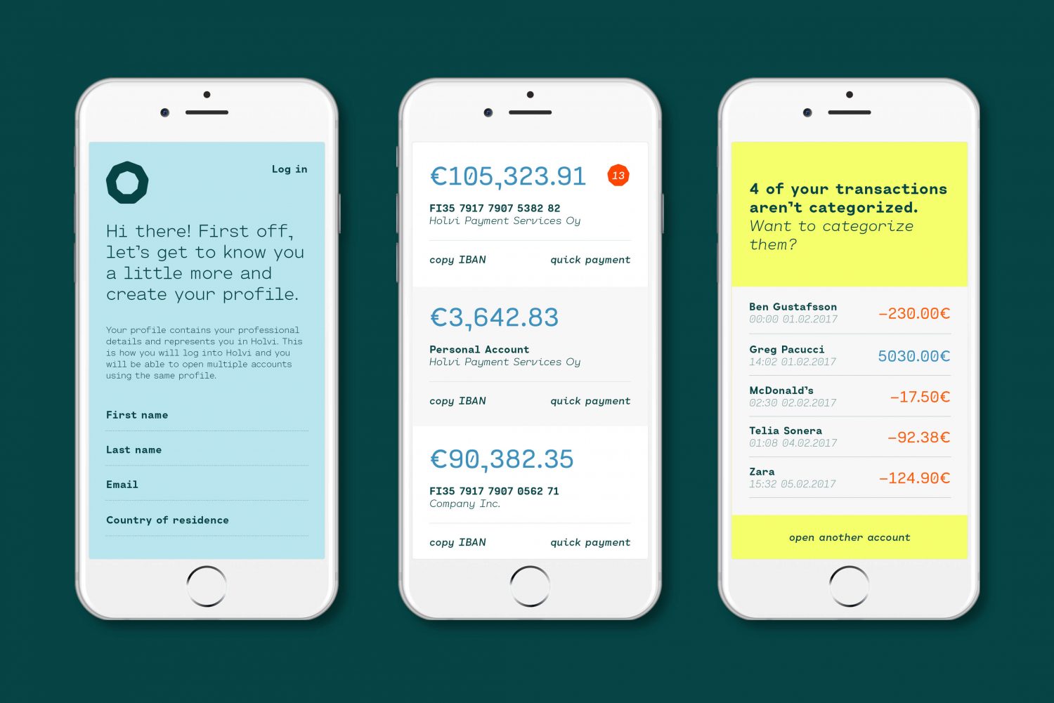 Graphic identity and app designed by Werklig for professional banking tool Holvi